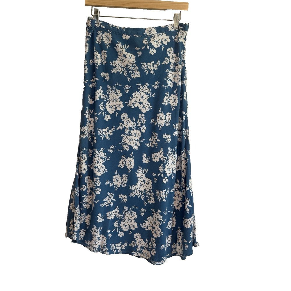 Old Navy Floral Blue Rayon Midi Skirt Sz L Pull-On A-Line‎ Tropical Feminine